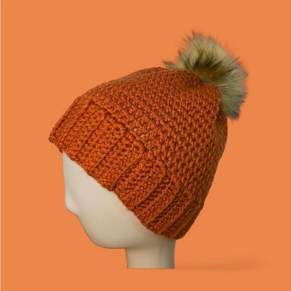 Beanie Hat Adult Orange Brim Boho Slouchy Knitted Winter Ski Handmade - Picture 1 of 7